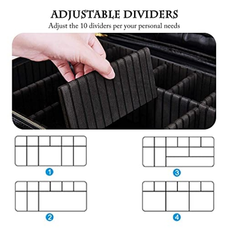 JOURMON 메이크업 케이스 여행용 메이크업 트레인 케이스 주최자 화장품 가방 휴대용 조절 가능한 칸막이와 메이크업 브러쉬용 어깨끈 세면도구 여행용 액세서리(악어 패턴 블랙, L)