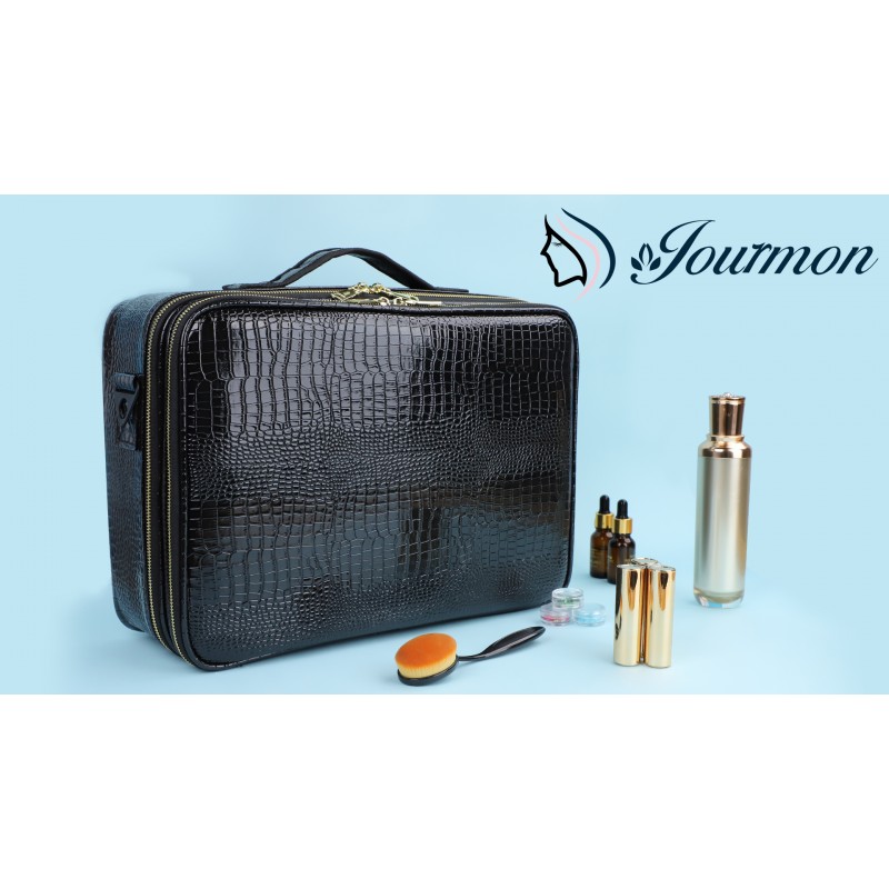 JOURMON 메이크업 케이스 여행용 메이크업 트레인 케이스 주최자 화장품 가방 휴대용 조절 가능한 칸막이와 메이크업 브러쉬용 어깨끈 세면도구 여행용 액세서리(악어 패턴 블랙, L)