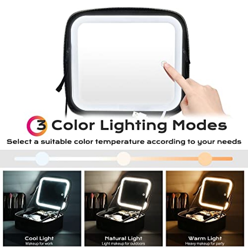 BYOOTIQUE 메이크업 가방 여행용 메이크업 케이스(LED 조명 거울 포함) 화장품 주최자 조절 가능한 칸막이가 있는 보관 브러시 홀더 화장품용 휴대용 아티스트 보관 가방 세면도구 보석 선물, 블랙