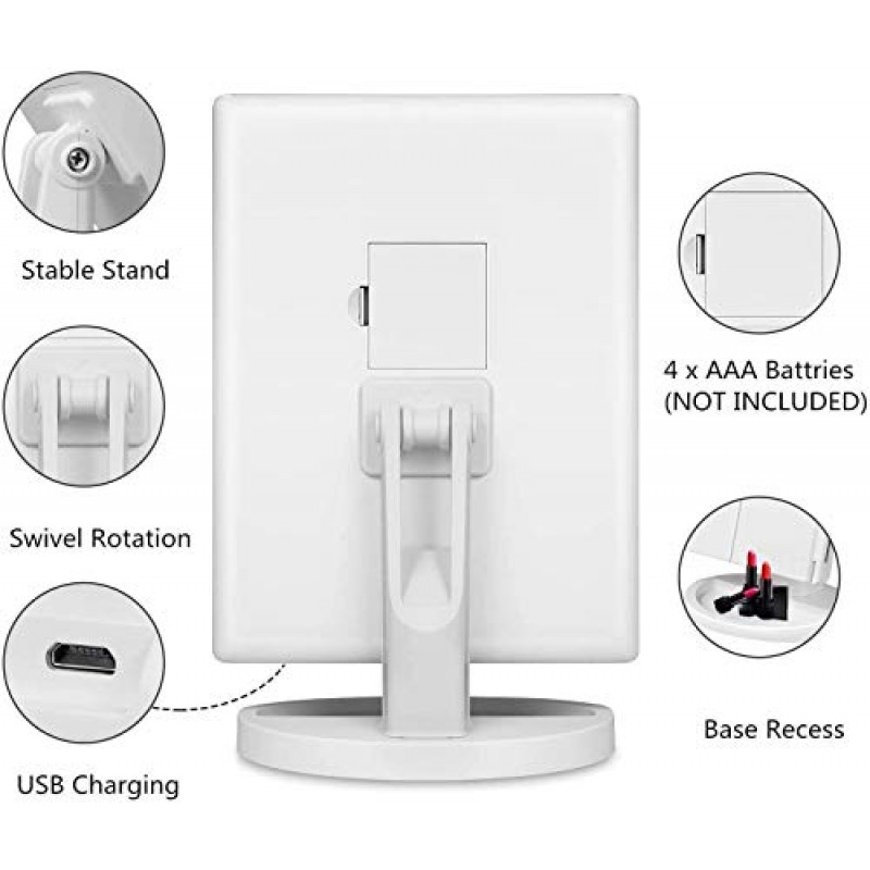 Infitrans 3 접이식 조명 화장대 화장 거울, 1X/2X/3X 배율, 터치 스크린이 있는 21 LED 조명 밝은 테이블 거울, 180도 회전 조절 가능, 휴대용 여행용 화장품 거울