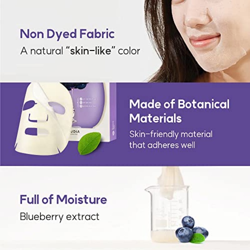 웰코스 후르디아 블루베리 하이드레이팅 마스크 | 남성과 여성을 위한 한국 페이스 마스크 스킨 케어 | 블루베리 추출물이 함유된 수분 공급 페이스 모이스처라이저 페이셜 마스크 한국산 시트 마스크 (시트 마스크 10개 팩, 0.67 fl oz)