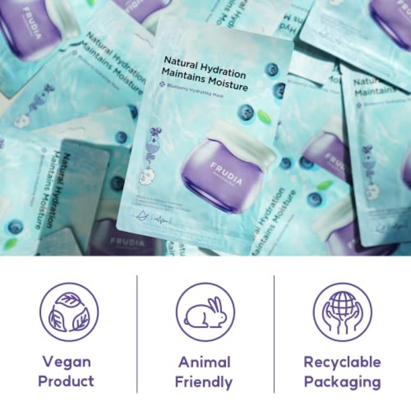 웰코스 후르디아 블루베리 하이드레이팅 마스크 | 남성과 여성을 위한 한국 페이스 마스크 스킨 케어 | 블루베리 추출물이 함유된 수분 공급 페이스 모이스처라이저 페이셜 마스크 한국산 시트 마스크 (시트 마스크 10개 팩, 0.67 fl oz)