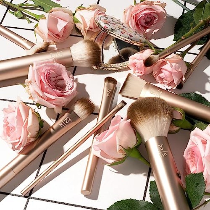 Real Techniques Au Naturale 메이크업 브러쉬 키트, 리퀴드, 크림 및 파우더 파운데이션, 아이섀도, 블러셔 및 컨투어용, 프리미엄 품질 페이스 브러쉬, 동물 실험을 하지 않은, 합성 강모, 9개 세트