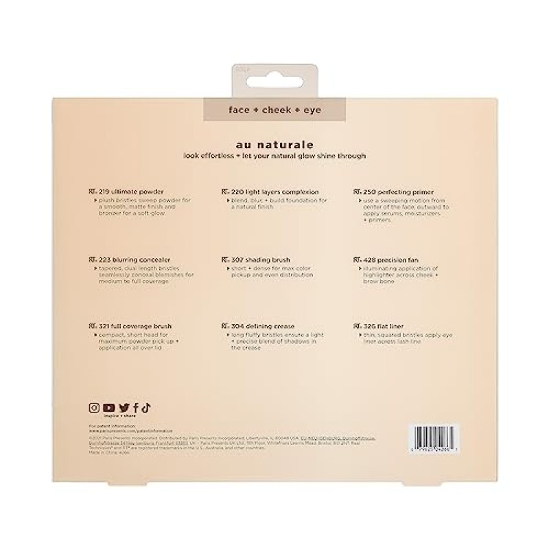 Real Techniques Au Naturale 메이크업 브러쉬 키트, 리퀴드, 크림 및 파우더 파운데이션, 아이섀도, 블러셔 및 컨투어용, 프리미엄 품질 페이스 브러쉬, 동물 실험을 하지 않은, 합성 강모, 9개 세트