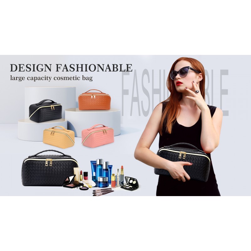 ZAUKNYA 대용량 여행용 화장품 가방 - 메이크업 가방, 휴대용 가죽 방수 여성 여행용 메이크업 가방 정리함, 손잡이 및 칸막이 포함 플랫 레이 체크 무늬 화장품 가방(월넛 핑크)