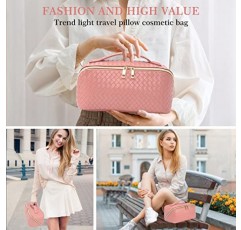 ZAUKNYA 대용량 여행용 화장품 가방 - 메이크업 가방, 휴대용 가죽 방수 여성 여행용 메이크업 가방 정리함, 손잡이 및 칸막이 포함 플랫 레이 체크 무늬 화장품 가방(월넛 핑크)