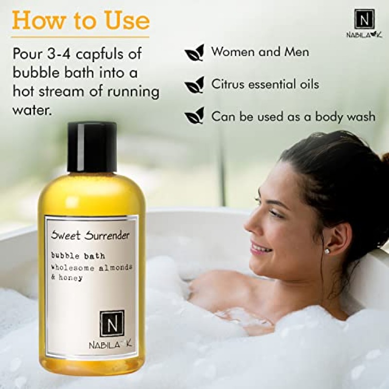 Nabila K - Sweet Surrender - 거품 목욕 - 천연 성분 - 에센셜 오일 - 민감성 피부 - 눈물이 나지 않음 - 순한 포뮬러 - 보습 - 럭셔리 거품 목욕 - 여성 및 남성 - 꿀 및 아몬드 - 8온스
