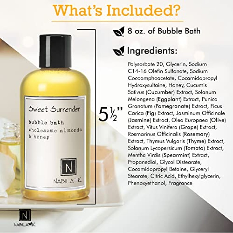 Nabila K - Sweet Surrender - 거품 목욕 - 천연 성분 - 에센셜 오일 - 민감성 피부 - 눈물이 나지 않음 - 순한 포뮬러 - 보습 - 럭셔리 거품 목욕 - 여성 및 남성 - 꿀 및 아몬드 - 8온스
