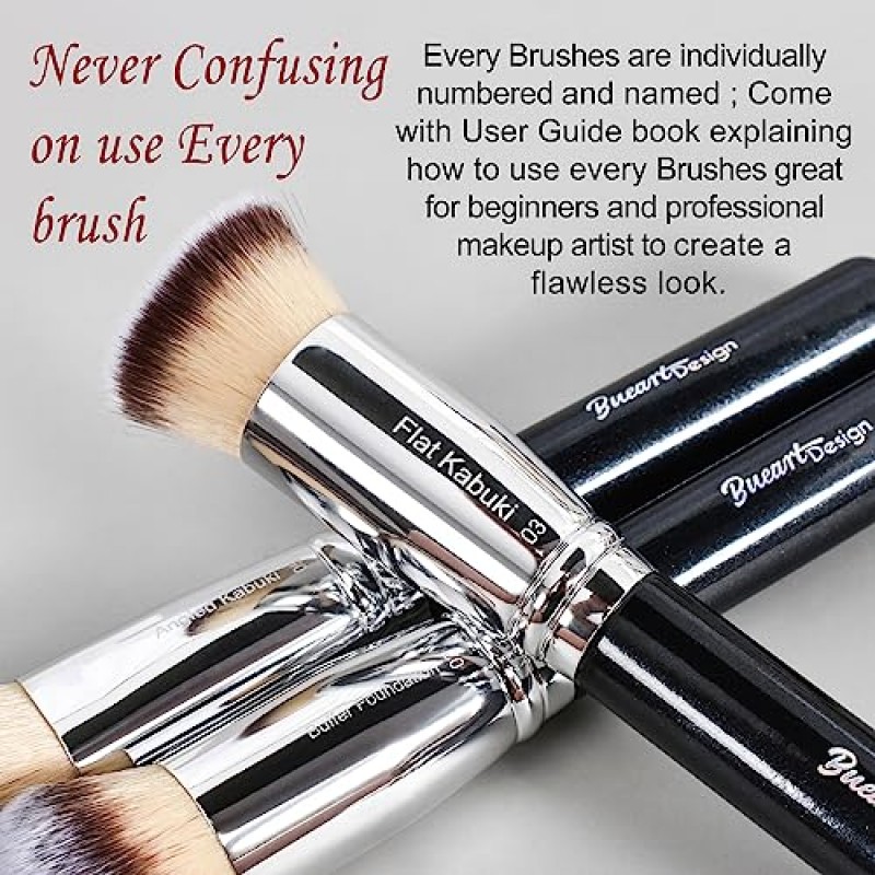 Bueart Design ULTRA SOFT DENSE HAIR 라벨이 붙은 메이크업 브러쉬 세트 프리미엄 합성 비건 헤어 파운데이션 컨실러 아이섀도 페이스 컨투어 메이크업 브러쉬 세트가 포함된 전문 ​​블랙 메이크업 브러쉬 세트