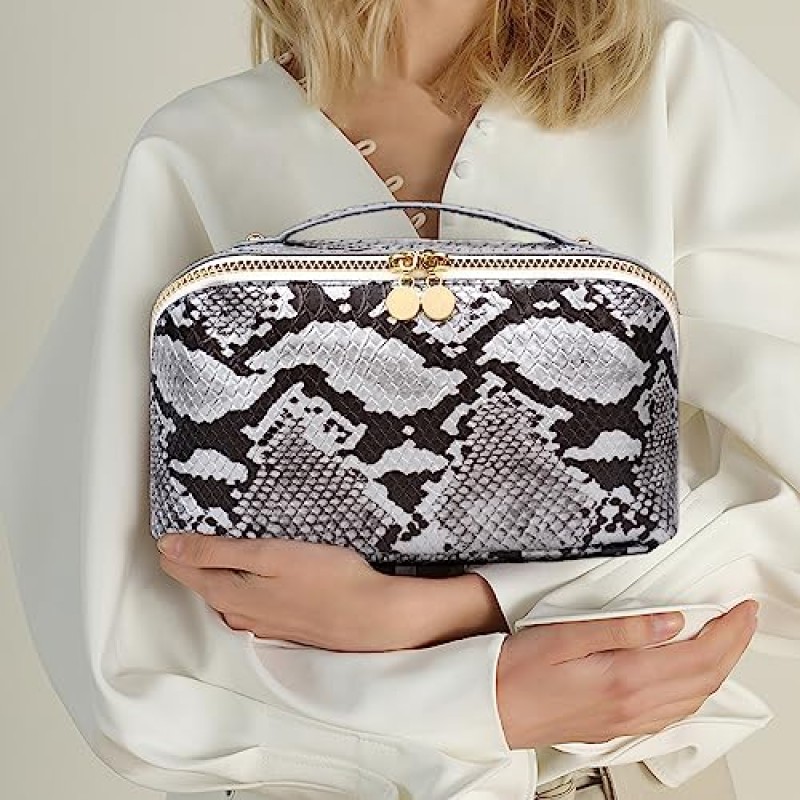 BAMXSXBO 대용량 여행 메이크업 가방, 여성용 방수 휴대용 여행 화장품 가방, 손잡이 뱀 가죽이있는 오픈 플랫 PU 가죽 세면 용품 가방 주최자
