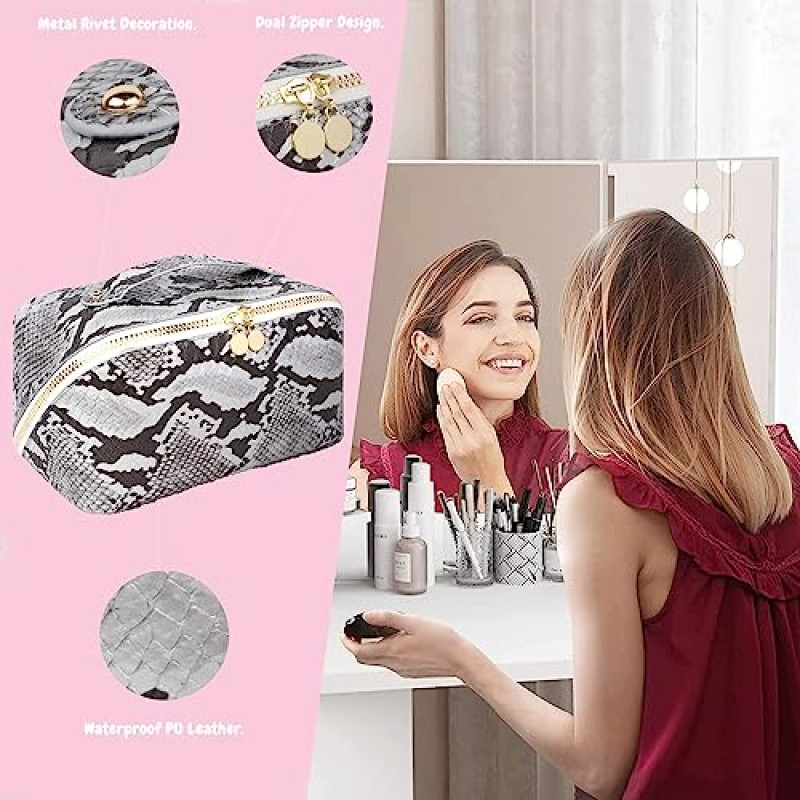 BAMXSXBO 대용량 여행 메이크업 가방, 여성용 방수 휴대용 여행 화장품 가방, 손잡이 뱀 가죽이있는 오픈 플랫 PU 가죽 세면 용품 가방 주최자
