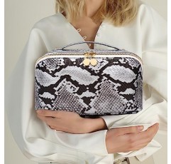 BAMXSXBO 대용량 여행 메이크업 가방, 여성용 방수 휴대용 여행 화장품 가방, 손잡이 뱀 가죽이있는 오픈 플랫 PU 가죽 세면 용품 가방 주최자