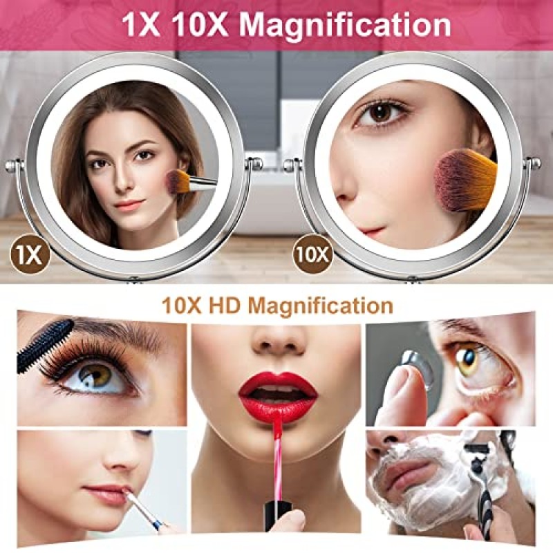 Quinskkin 조명 화장 거울, 조명이 있는 8인치 10X 확대 화장 거울 3색 LED 메이크업 개인 거울 밝기 조절 가능, 360°회전식 화장대 화장 거울