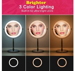 Quinskkin 조명 화장 거울, 조명이 있는 8인치 10X 확대 화장 거울 3색 LED 메이크업 개인 거울 밝기 조절 가능, 360°회전식 화장대 화장 거울