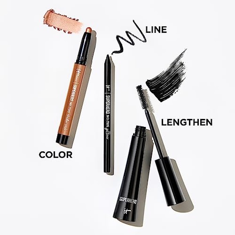 IT Cosmetics 슈퍼히어로 마스카라 - 슈퍼 블랙 엘라스틱 스트레치 볼류마이징 & 렝스닝 마스카라 - 속눈썹 리프트, 분리 및 컨디셔닝 - 콜라겐, 비오틴 및 펩타이드 함유