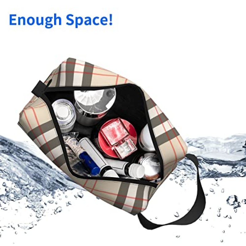 베이지 체크 타탄 체크 무늬 화장품 가방 - 여성용 여행용 세면용품 가방 메이크업 & 세면도구 가방 파우치 휴대용 지퍼 방수 액세서리 주최자 여성용 남성용 선물