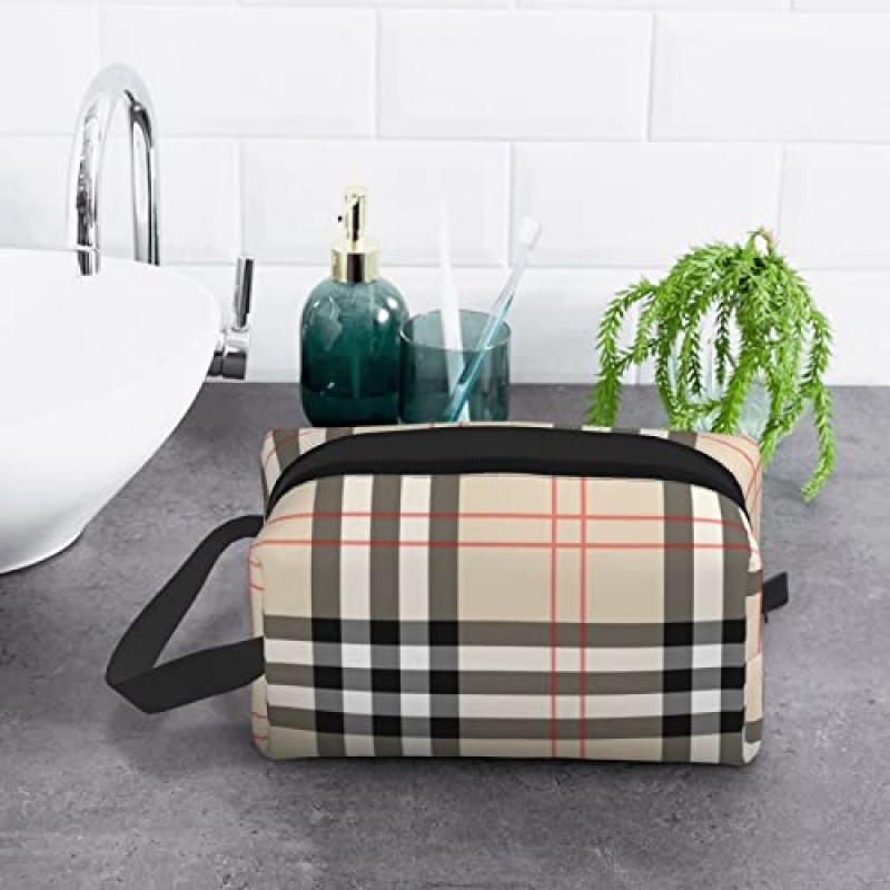베이지 체크 타탄 체크 무늬 화장품 가방 - 여성용 여행용 세면용품 가방 메이크업 & 세면도구 가방 파우치 휴대용 지퍼 방수 액세서리 주최자 여성용 남성용 선물