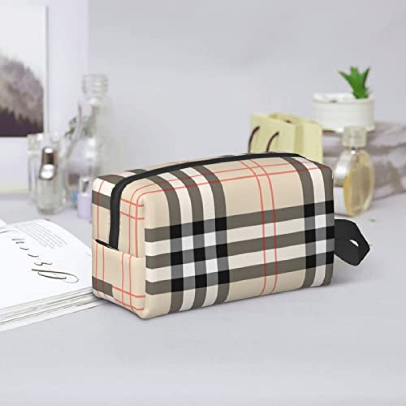 베이지 체크 타탄 체크 무늬 화장품 가방 - 여성용 여행용 세면용품 가방 메이크업 & 세면도구 가방 파우치 휴대용 지퍼 방수 액세서리 주최자 여성용 남성용 선물