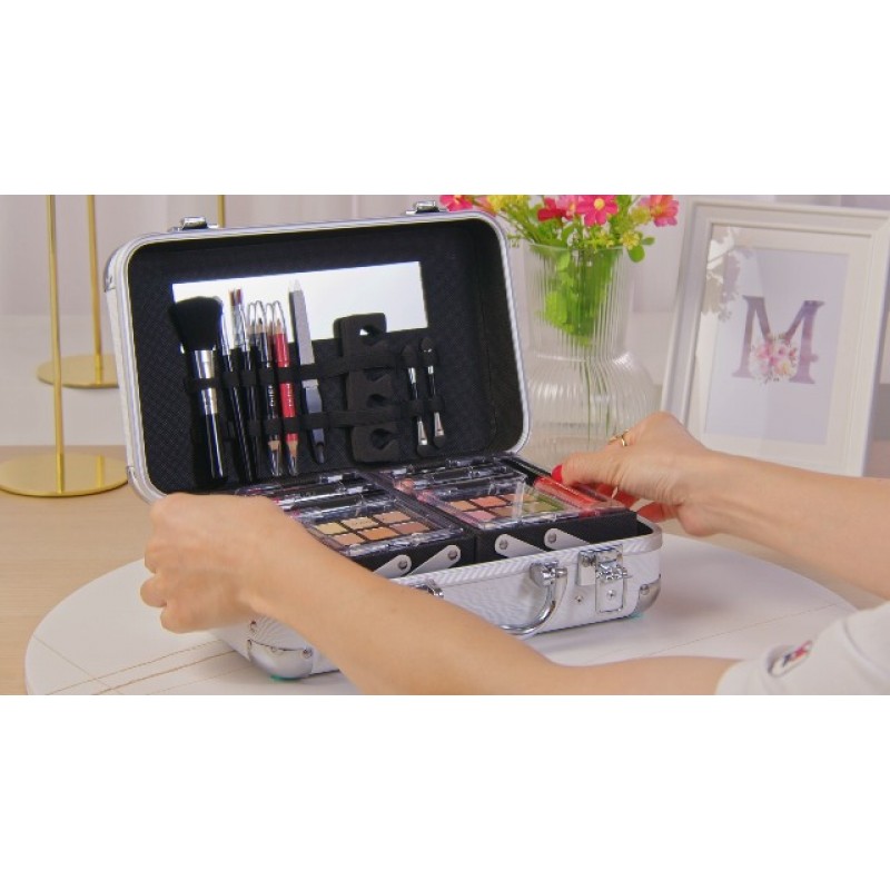 DUER LIKA 캐리 올 트렁크 트레인 케이스(화장품 포함) 및 재사용 가능한 흑백 알루미늄 케이스(화이트)