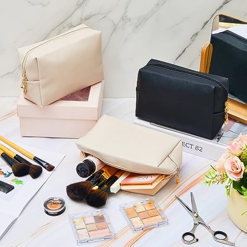 Cunno 24 Pcs 메이크업 가방 대량 PU 가죽 화장품 가방 메이크업 파우치 일반 화장품 주머니 여행용 방수 세면 용품 가방 여행 지갑 화장품 주최자 (아이보리 화이트, 블랙)