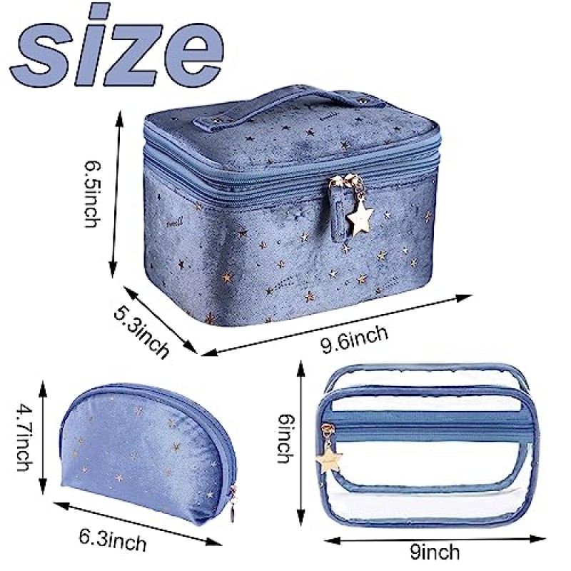 RHD 3pcs-여성을위한 벨벳 메이크업 가방 다기능 화장품 가방 여행 메이크업 주최자 케이스 쥬얼리 저장 레이어 (블루)