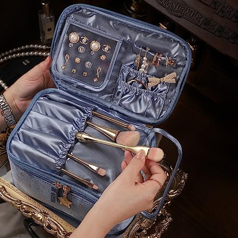 RHD 3pcs-여성을위한 벨벳 메이크업 가방 다기능 화장품 가방 여행 메이크업 주최자 케이스 쥬얼리 저장 레이어 (블루)