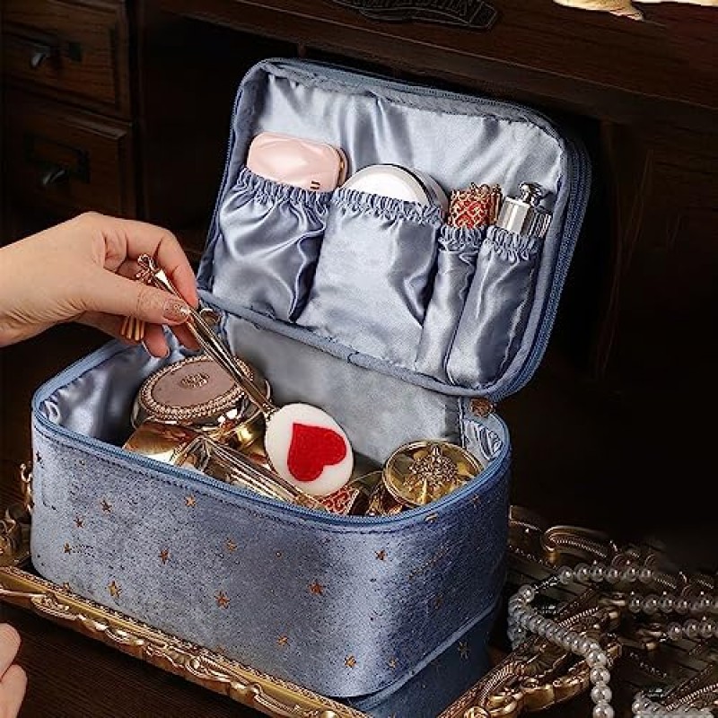 RHD 3pcs-여성을위한 벨벳 메이크업 가방 다기능 화장품 가방 여행 메이크업 주최자 케이스 쥬얼리 저장 레이어 (블루)