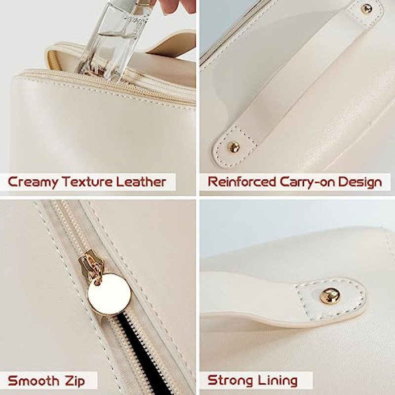 Deaname 메이크업 가방 대용량 여행용 화장품 가방, 손잡이와 내부 포켓이 있는 와이드 오픈 방수 가죽 메이크업 가방 정리함, 여성용 및 여아용 휴대용 파우치(흰색)