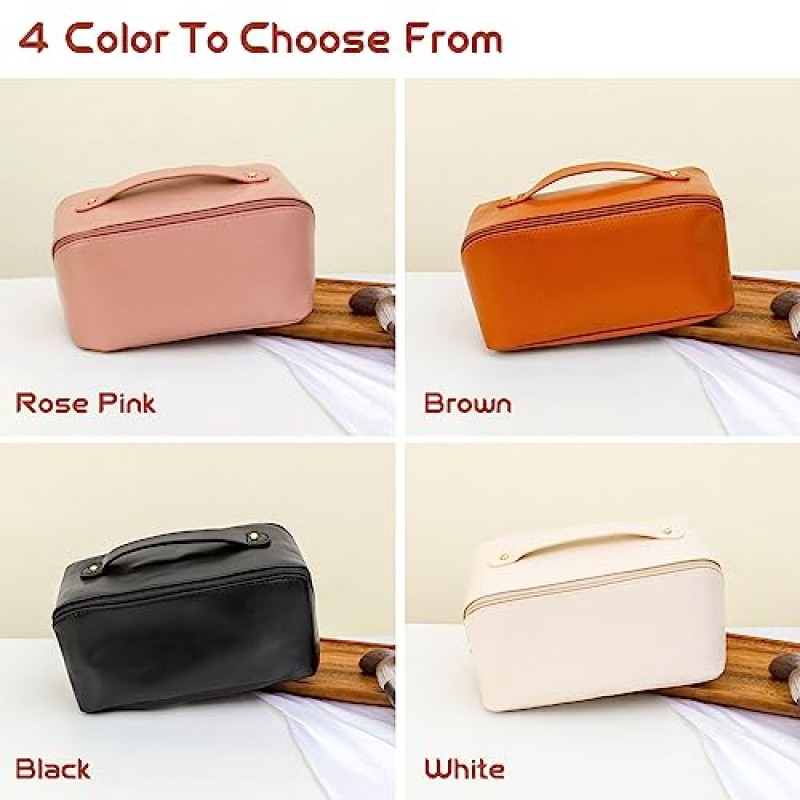 Deaname 메이크업 가방 대용량 여행용 화장품 가방, 손잡이와 내부 포켓이 있는 와이드 오픈 방수 가죽 메이크업 가방 정리함, 여성용 및 여아용 휴대용 파우치(흰색)