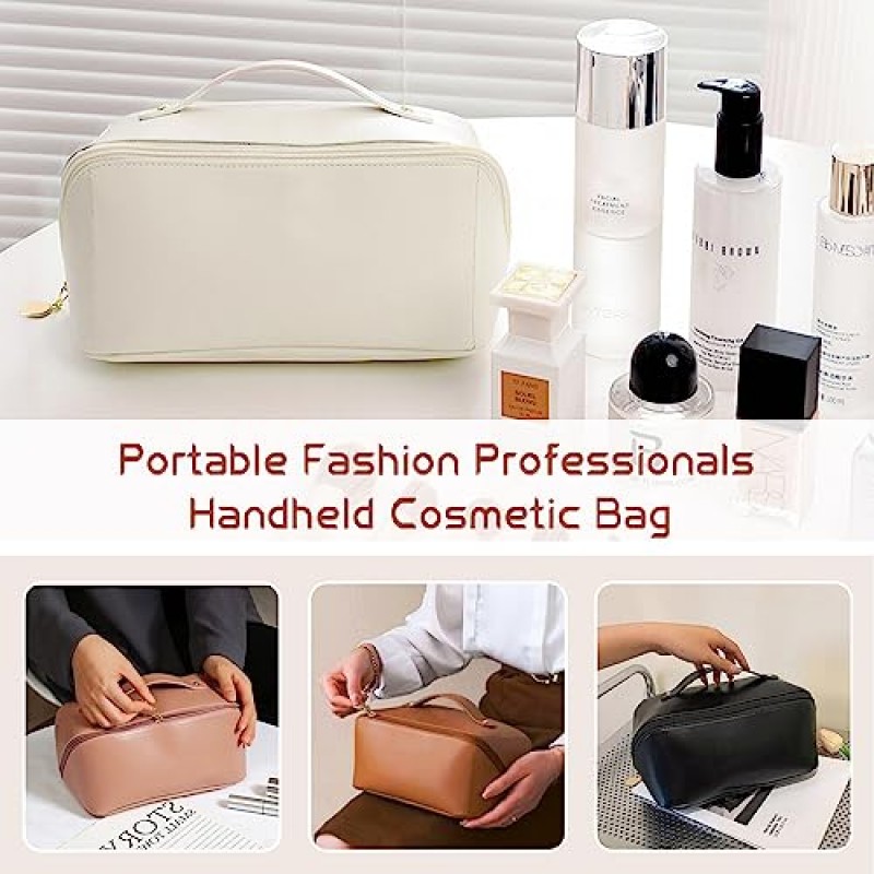 Deaname 메이크업 가방 대용량 여행용 화장품 가방, 손잡이와 내부 포켓이 있는 와이드 오픈 방수 가죽 메이크업 가방 정리함, 여성용 및 여아용 휴대용 파우치(흰색)
