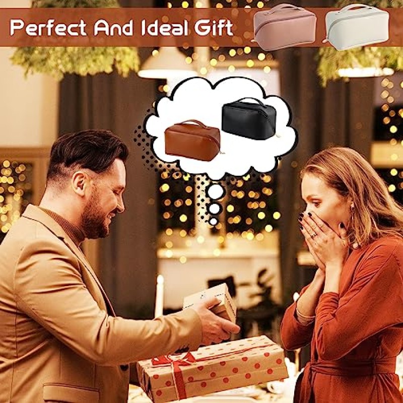 Deaname 메이크업 가방 대용량 여행용 화장품 가방, 손잡이와 내부 포켓이 있는 와이드 오픈 방수 가죽 메이크업 가방 정리함, 여성용 및 여아용 휴대용 파우치(흰색)