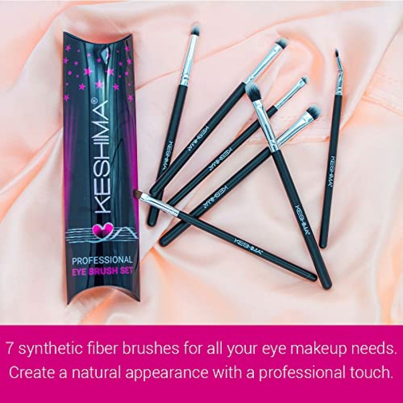 Keshima의 프로페셔널 아이 메이크업 브러쉬, 세트에는 아이섀도 브러쉬, 아이섀도 스머지 브러쉬, 아이 섀도우 블렌딩 브러쉬, 각진 주름 브러쉬, 펜슬 브러쉬, 각진 아이라이너, 구부러진 아이라이너 브러쉬가 포함되어 있습니다.