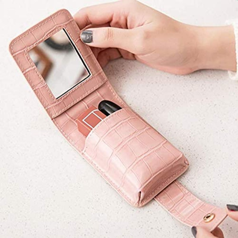 외부용 거울이 있는 HSK_Mall 메이크업 립스틱 케이스 여성용 미니 귀여운 휴대용 가방 여행용 포켓 화장품 주머니는 최대 3개의 립스틱 상자 정리 가방을 차지합니다 - 핑크