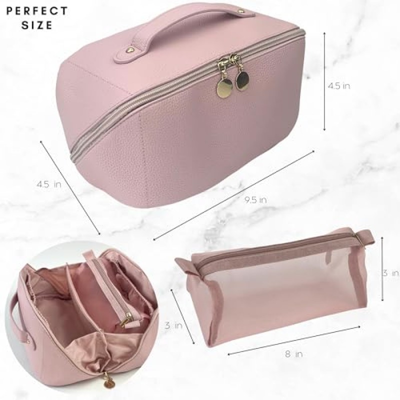 JAZD 대용량 여행용 화장품 가방 - 쉽게 접근할 수 있도록 편평하게 열리는 메이크업 가방 - 손잡이, 칸막이가 있는 가죽 방수 휴대용 화장품 가방 - 세면도구 메이크업 정리 가방…