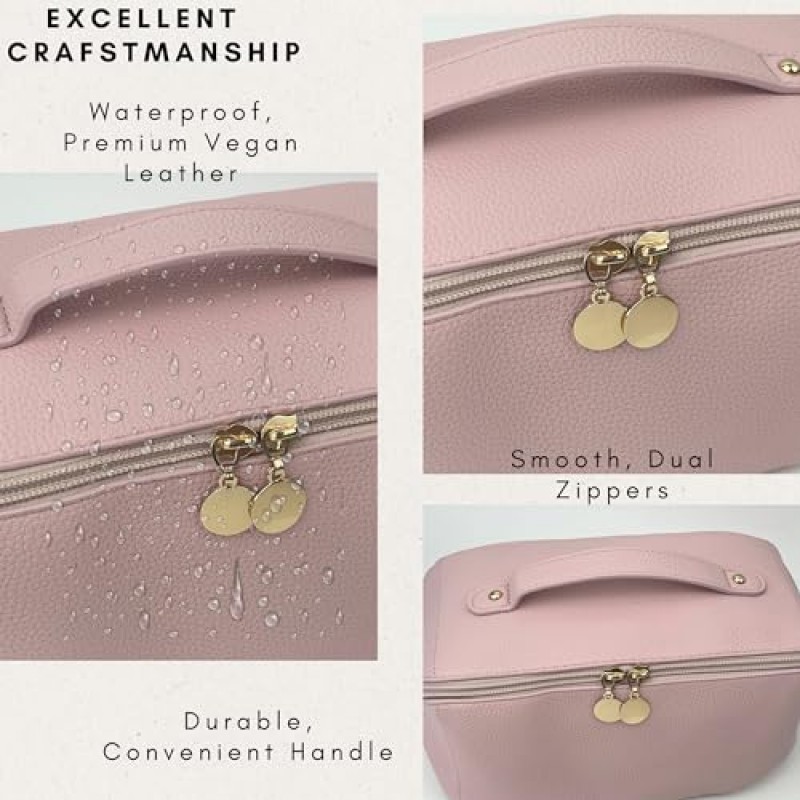 JAZD 대용량 여행용 화장품 가방 - 쉽게 접근할 수 있도록 편평하게 열리는 메이크업 가방 - 손잡이, 칸막이가 있는 가죽 방수 휴대용 화장품 가방 - 세면도구 메이크업 정리 가방…