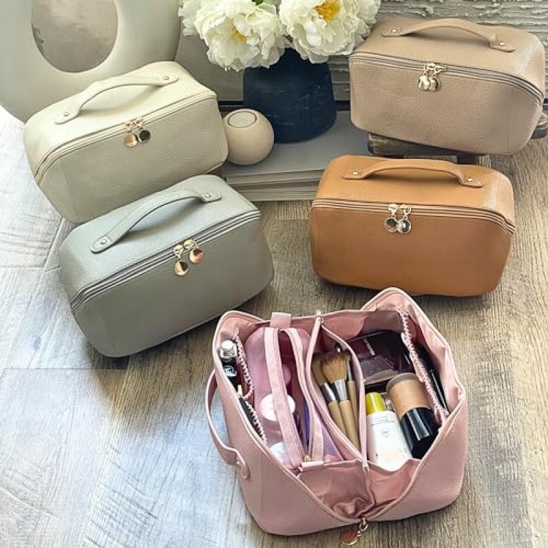 JAZD 대용량 여행용 화장품 가방 - 쉽게 접근할 수 있도록 편평하게 열리는 메이크업 가방 - 손잡이, 칸막이가 있는 가죽 방수 휴대용 화장품 가방 - 세면도구 메이크업 정리 가방…