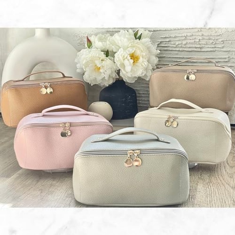 JAZD 대용량 여행용 화장품 가방 - 쉽게 접근할 수 있도록 편평하게 열리는 메이크업 가방 - 손잡이, 칸막이가 있는 가죽 방수 휴대용 화장품 가방 - 세면도구 메이크업 정리 가방…