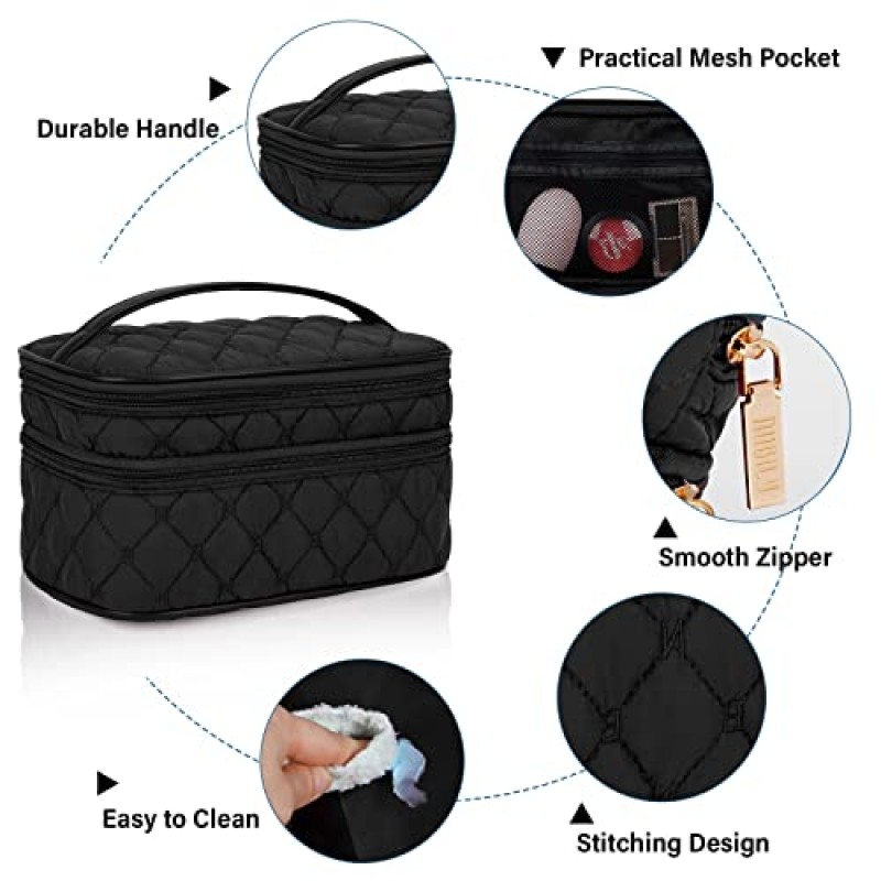 NUBILY 메이크업 가방 핸들이있는 휴대용 여행 화장품 가방 대형 더블 레이어 세면 용품 가방 2Pcs 여성과 소녀를위한 방수 메이크업 가방, 블랙