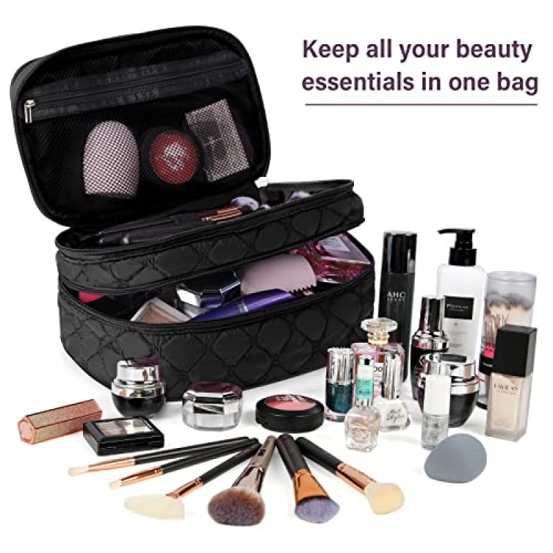NUBILY 메이크업 가방 핸들이있는 휴대용 여행 화장품 가방 대형 더블 레이어 세면 용품 가방 2Pcs 여성과 소녀를위한 방수 메이크업 가방, 블랙