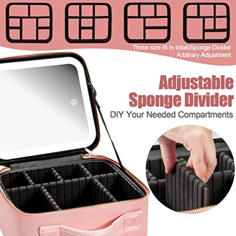 LED 조명이 달린 거울이 있는 Seoneiro 메이크업 여행 가방 밝기 조절 가능 휴대용 방수 메이크업 케이스, 조절 가능한 칸막이, 메이크업 트레인 케이스 주최자 메이크업 브러쉬 액세서리 및 도구 케이스