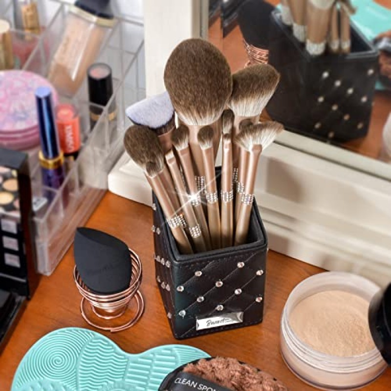 Bueart 디자인 최고의 선물 12pcs 블링 글리터 골드 라벨 메이크업 브러쉬 세트 전문 선물-브러시 홀더 케이스 포함-크리스탈 파운데이션 메이크업 브러쉬 세트