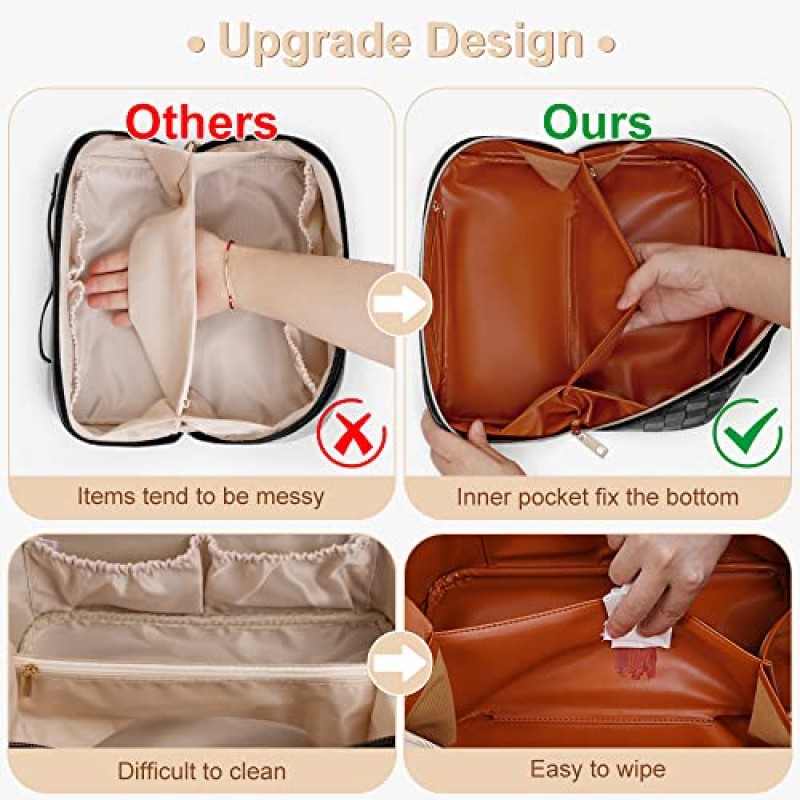 대용량 여행 화장품 가방 격자 무늬 체크 무늬 메이크업 가방 여성용 손잡이와 분배기가있는 휴대용 가죽 방수 스킨 케어 가방