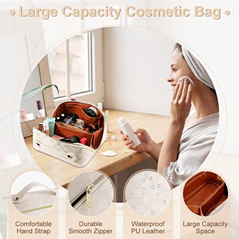 대용량 여행 화장품 가방 격자 무늬 체크 무늬 메이크업 가방 여성용 손잡이와 분배기가있는 휴대용 가죽 방수 스킨 케어 가방