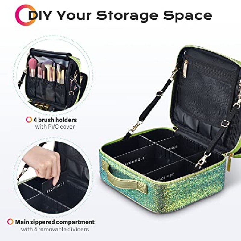 BYOOTIQUE 여행 스팽글 메이크업 케이스 조정 가능한 칸막이가 있는 화장품 메이크업 정리함 화장품 메이크업 브러쉬용 휴대용 아티스트 보관 가방 세면도구 쥬얼리 디지털 액세서리(글리터 그린)