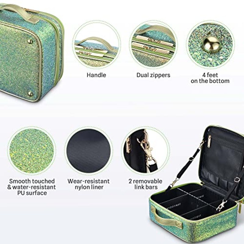 BYOOTIQUE 여행 스팽글 메이크업 케이스 조정 가능한 칸막이가 있는 화장품 메이크업 정리함 화장품 메이크업 브러쉬용 휴대용 아티스트 보관 가방 세면도구 쥬얼리 디지털 액세서리(글리터 그린)