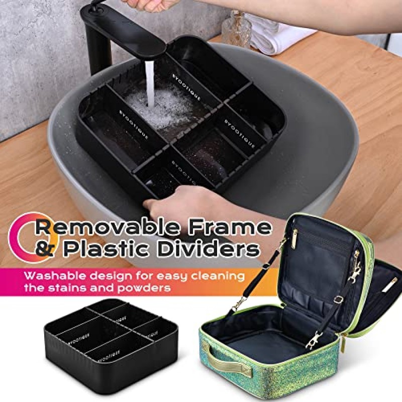 BYOOTIQUE 여행 스팽글 메이크업 케이스 조정 가능한 칸막이가 있는 화장품 메이크업 정리함 화장품 메이크업 브러쉬용 휴대용 아티스트 보관 가방 세면도구 쥬얼리 디지털 액세서리(글리터 그린)