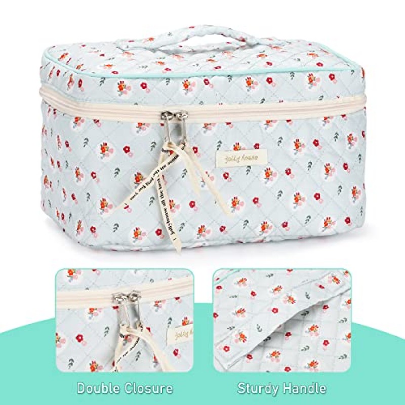 Sightor 면 메이크업 가방, 손잡이가 달린 누비 화장품 가방 여성용 대용량 여행 세면용품 가방 귀여운 미적 꽃 메이크업 가방 (파란색)