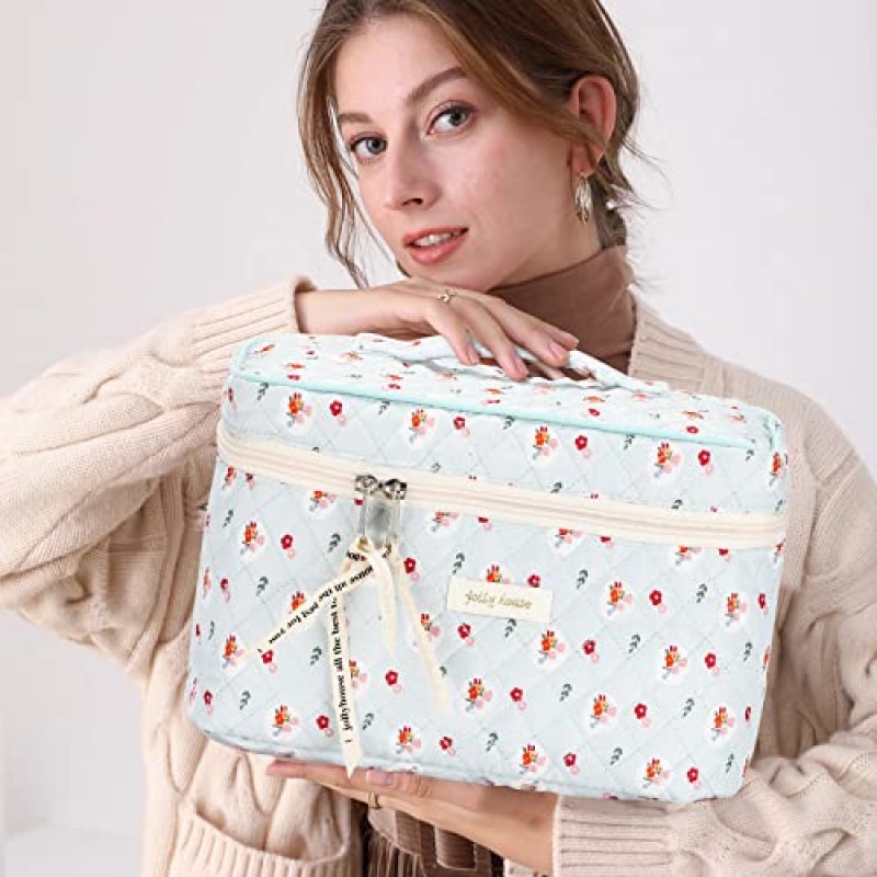 Sightor 면 메이크업 가방, 손잡이가 달린 누비 화장품 가방 여성용 대용량 여행 세면용품 가방 귀여운 미적 꽃 메이크업 가방 (파란색)