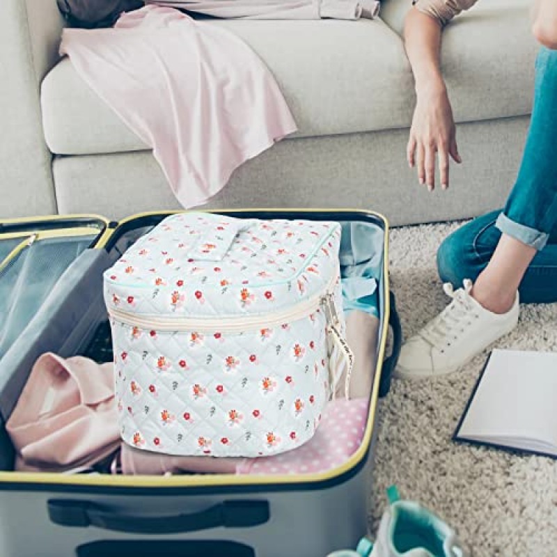 Sightor 면 메이크업 가방, 손잡이가 달린 누비 화장품 가방 여성용 대용량 여행 세면용품 가방 귀여운 미적 꽃 메이크업 가방 (파란색)