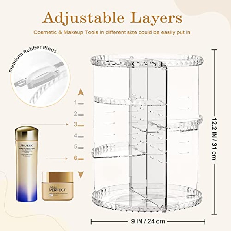 ALUYUYO 회전 메이크업 주최자, 화장대 용 대용량 향수 스킨 케어 립스틱 주최자, 욕실 용 360 회전 조절 가능 Comestic 스토리지 홀더 랙 - 투명